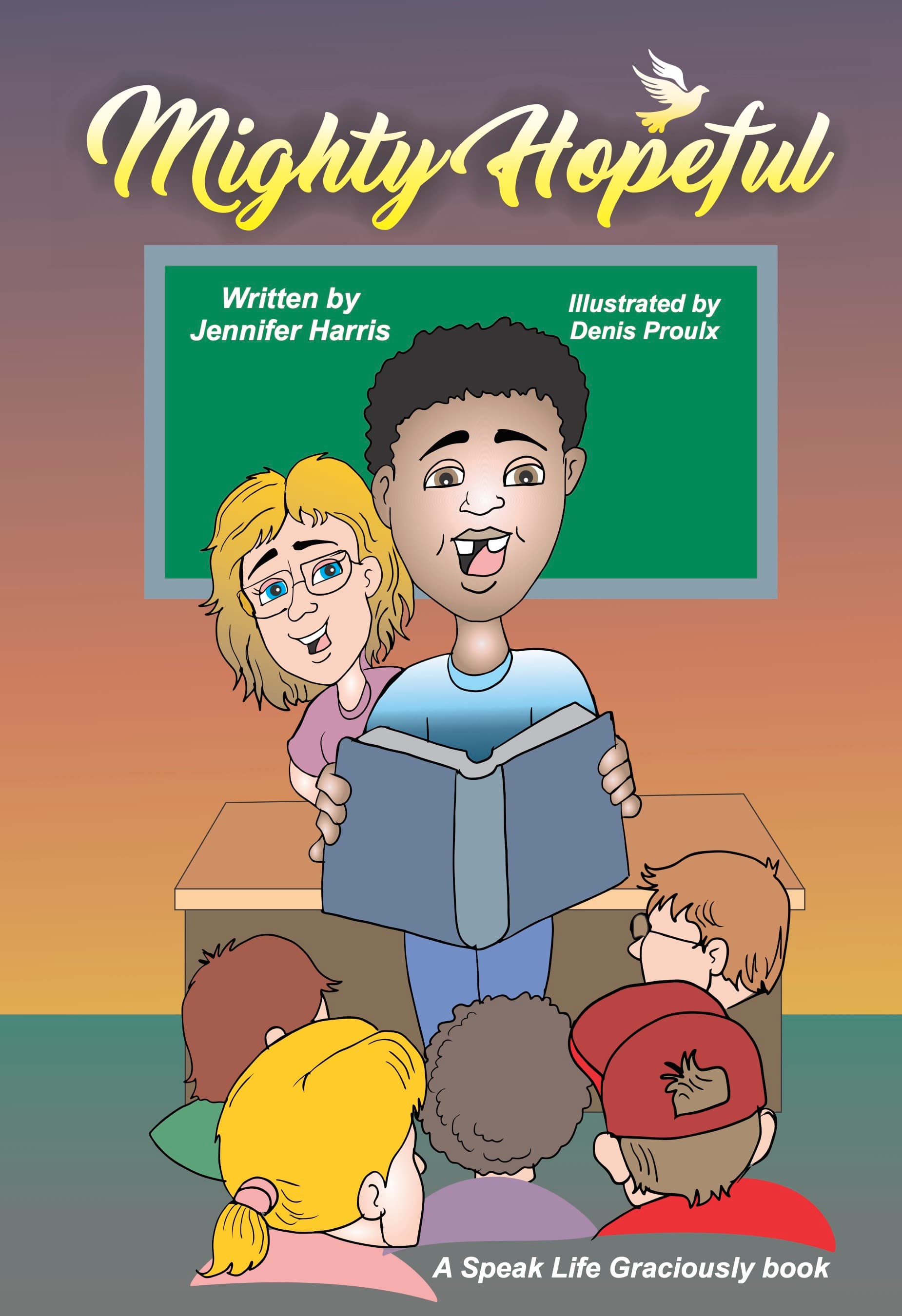 Mighty Hopeful book cover — a boy reads to his class in front of a green chalkboard under a sunset