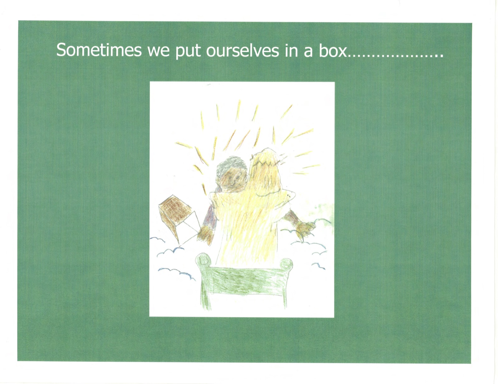 Colored-pencil drawing: Jesus embraces a person, and the empty box lies tipped over beside them.