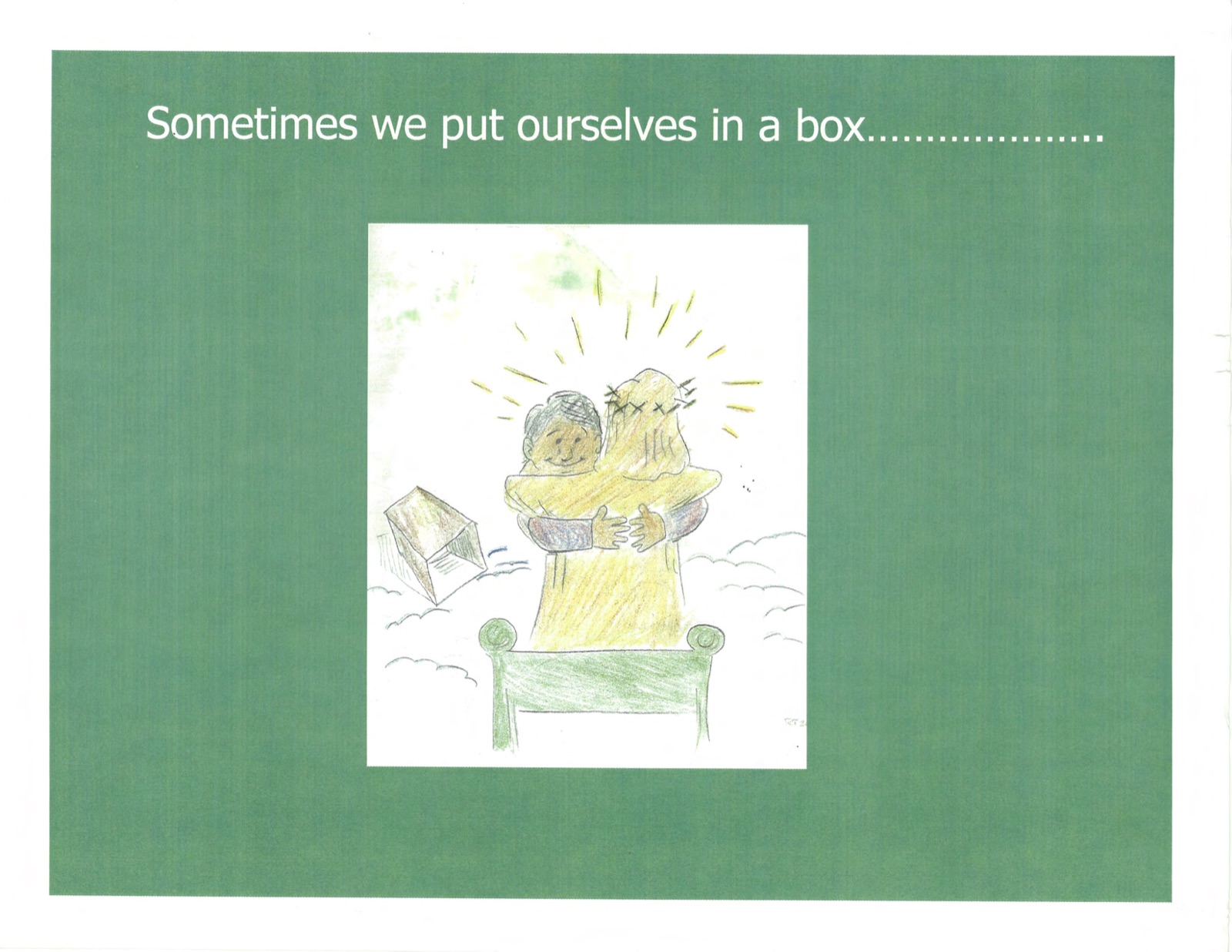 Colored-pencil drawing: Jesus holds a person close in front of the throne, with the box left behind at the side.